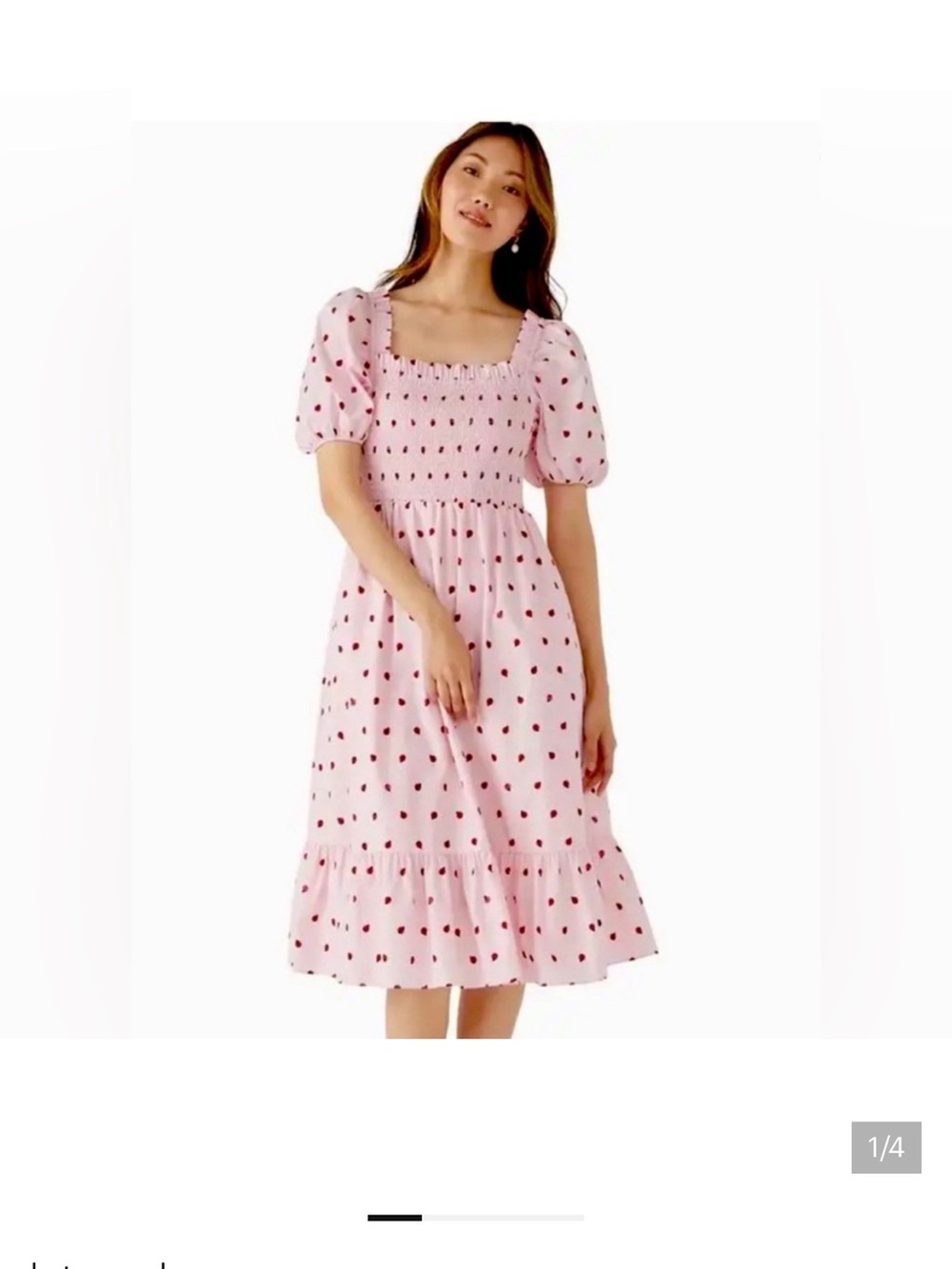 Kate Spade Pink Smocked Puff Sleeve Midi Dress with Ladybug Print